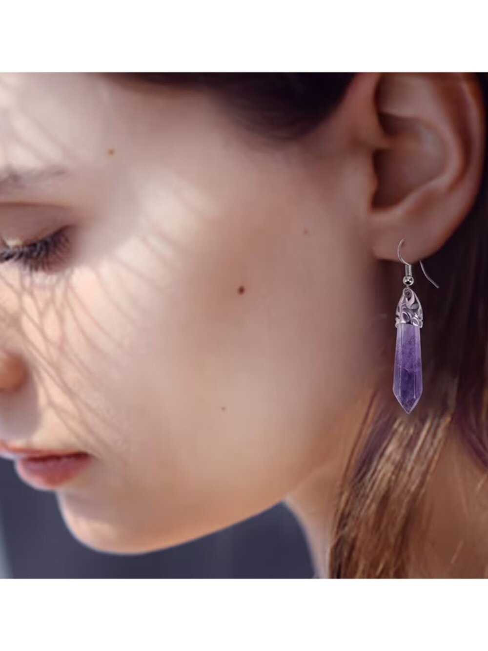 Spiritual Healing Quartz Jewelry Bohemian Amethyst Crystal Point Dangle Earrings - Picture 4 of 6